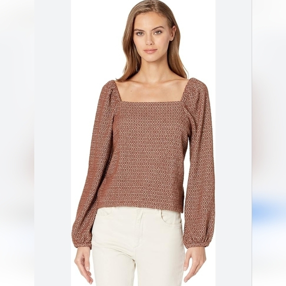 MADEWELL Square Neck Blouse Long Puff Sleeve Geometric Print Top M Beach Coastal - Picture 1 of 6